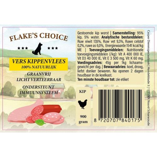 Flake's Choice Gestoomd Vers Vlees Worst Kip 900 gram