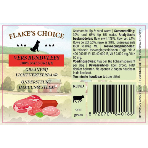 Flake's Choice Gestoomd Vers Vlees Worst rund & kip worst 900 gram