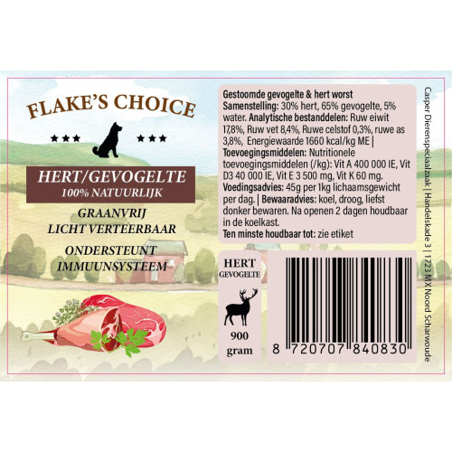 Flake's Choice Gestoomd Vers Vlees Worst Hert 900 gram