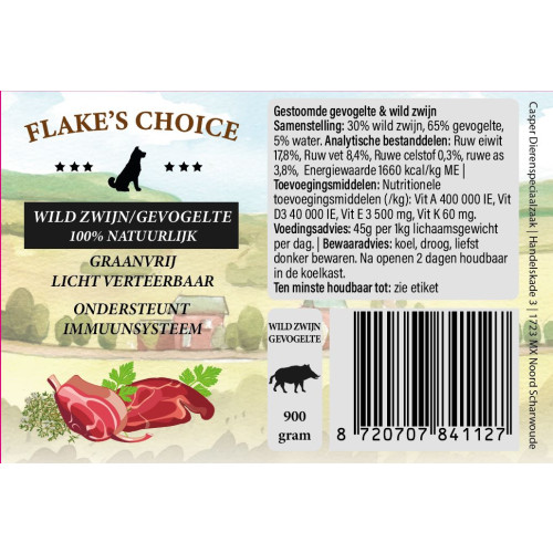 Flake's Choice Gestoomd Vers Vlees Worst Wild Zwijn 900 gram