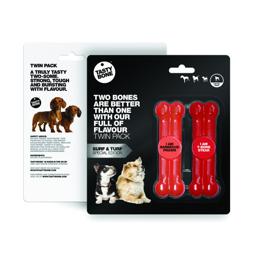 TastyBone Twinpack Toy Surf 'N' Turf - BBQ Prawn & T-Bone Steak